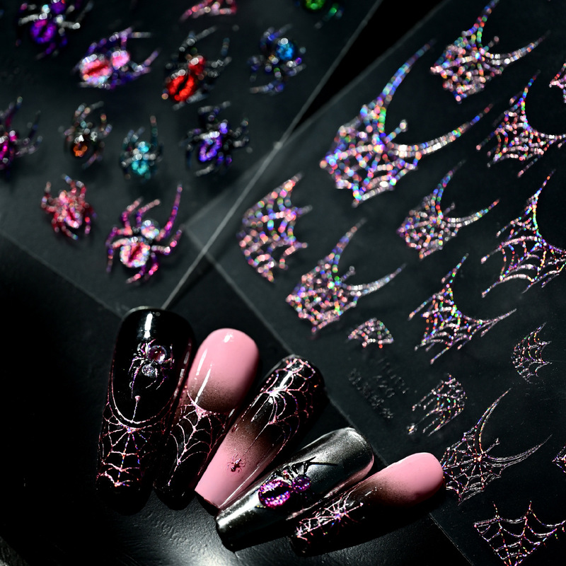 Cross-Border New Halloween Colorful Laser Spider Web Colorful Spider Silk Hot Stamping Embossed Dark Nail Art Stickers Wholesale