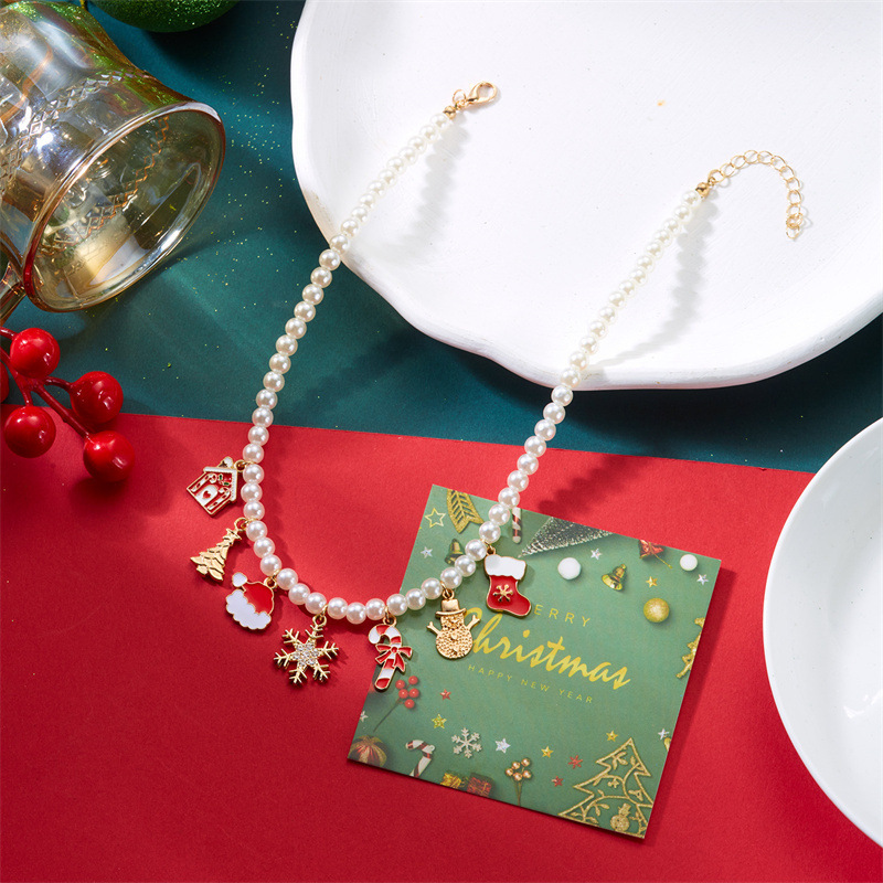 Collana con ciondolo natalizio in perle, collana natalizia placcata in oro con ciondoli a forma di Babbo Natale, albero e pan di zenzero, regalo festivo e gioiello quotidiano_voghion.com