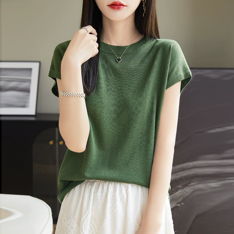 Дышащая тонкая трикотажная футболка с короткими рукавами для женщин 2024 новый топ летняя полувысокий воротник нижняя рубашка