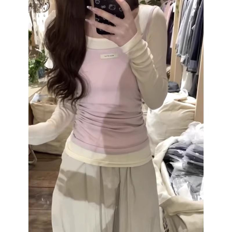 韓国 2025 春夏レディース甘いコントラストカラーベストボトム長袖 Tシャツリアルツーピーススーツ日焼け止めトップ|undefined
