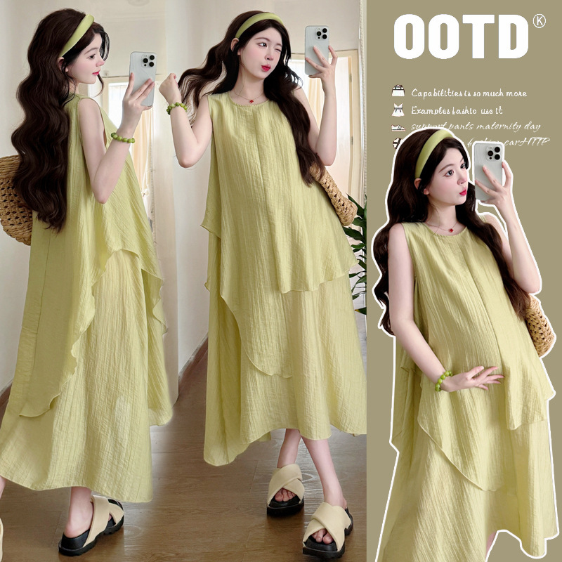 Maternity Skirt Summer Fashion Fake Two-Piece Splicing Sleeveless Trendy Mom Beach Skirt Summer Lazy Style Thin Dress