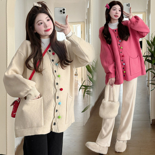 Internet-famous fashion autumn/winter loose and thick candy-colored sweater coat + bottoming shirt + pants trendy mom/pregnant women’s three-piece set