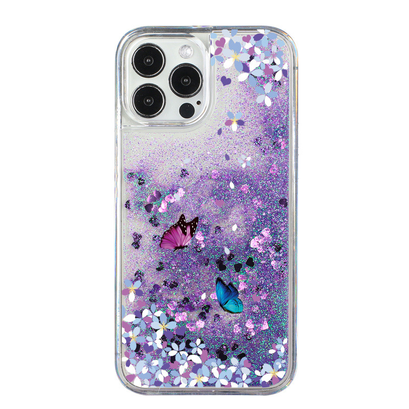 Phone Case For Iphone 15 Pro Max Butterfly Flower Liquid Glitter_voghion.com