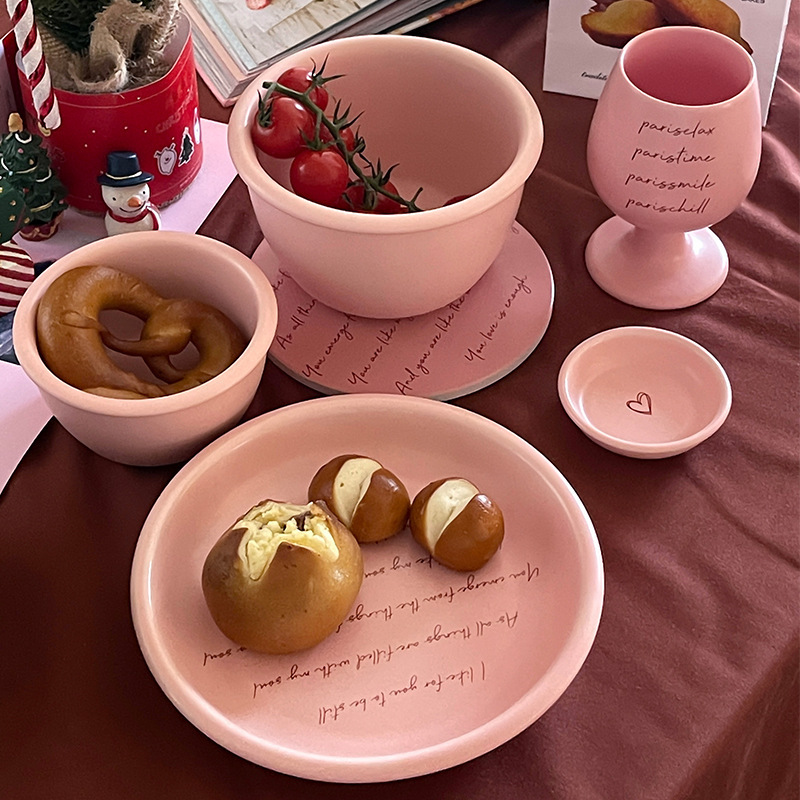 Korean-Style Ins-Style Original Pink English-Style Tableware Set for Home Use, Ceramic Soup and Noodle Bowls, High-Value Bowls and Plates