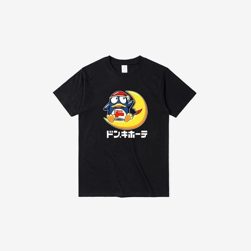 Japanese-style cartoon Don Quixote and Don Penguin T-shirt, unisex, loose-fitting, casual, versatile short-sleeve top, suitable for understated style