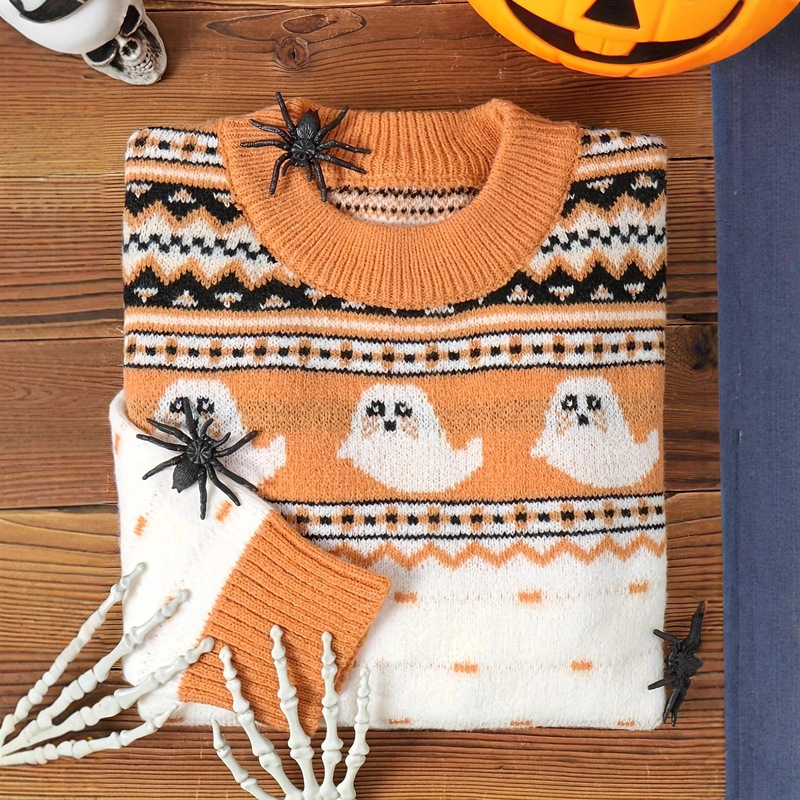 Cross-Border New Autumn and Winter Women's Casual and Comfortable Halloween Ghost Long-Sleeved Round Neck Pullover Knitted Sweater