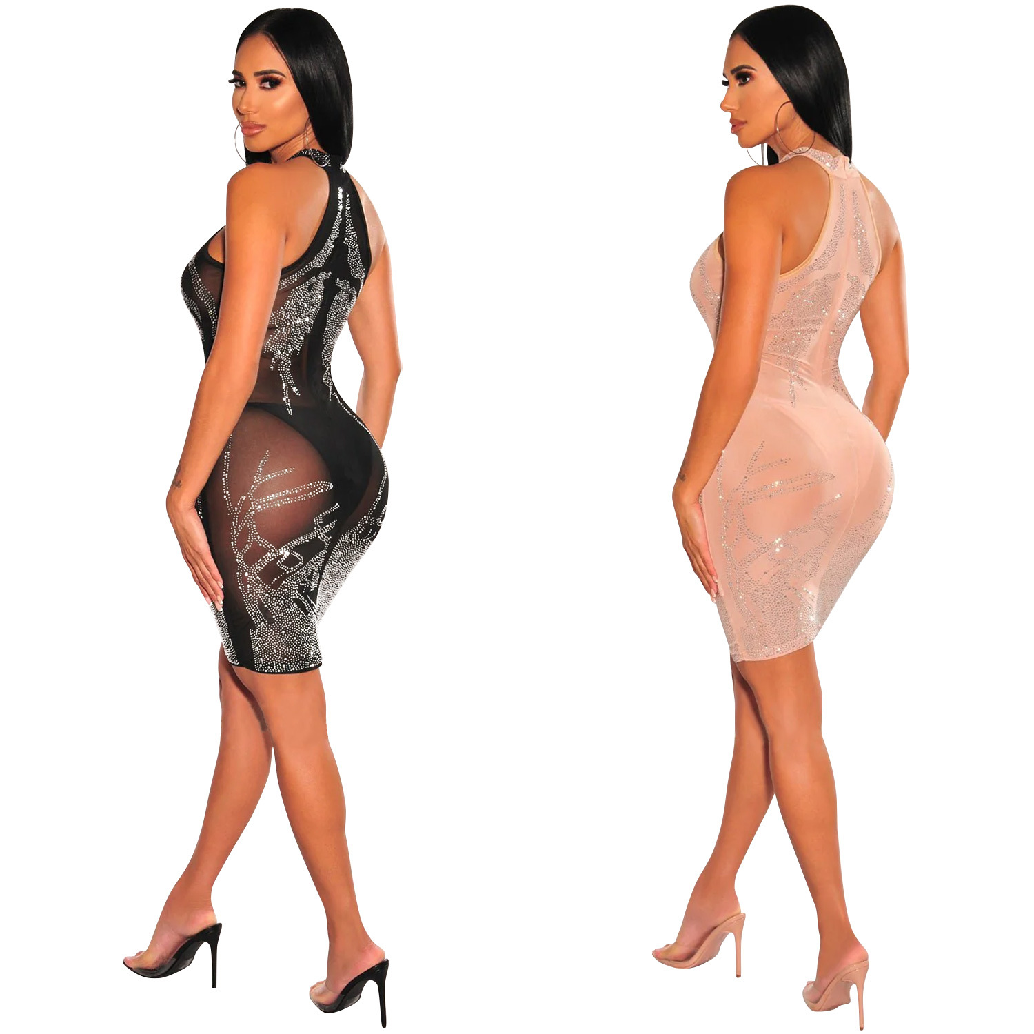 C6703 transfronteriza AliExpress Amazon moda europea y americana de las mujeres de color sólido de malla rhinestone vestido de falda Halter