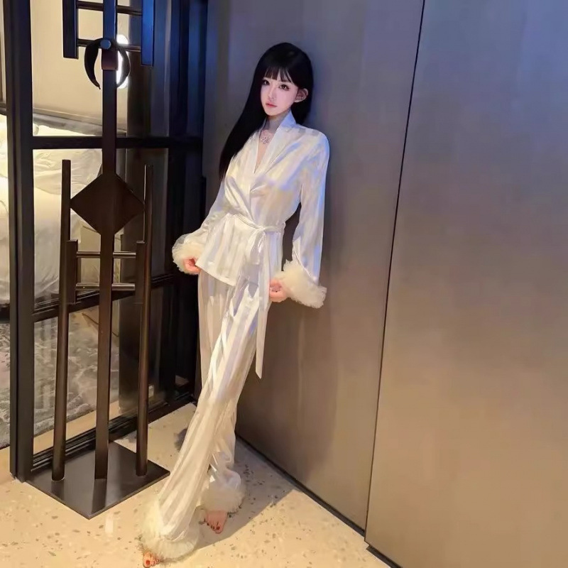 Long-Sleeved Long Pants Ice Silk Pajamas for Women Spring & Fall Elegant High-End Tall Home Clothes Two-Piece Spring Suit for Women