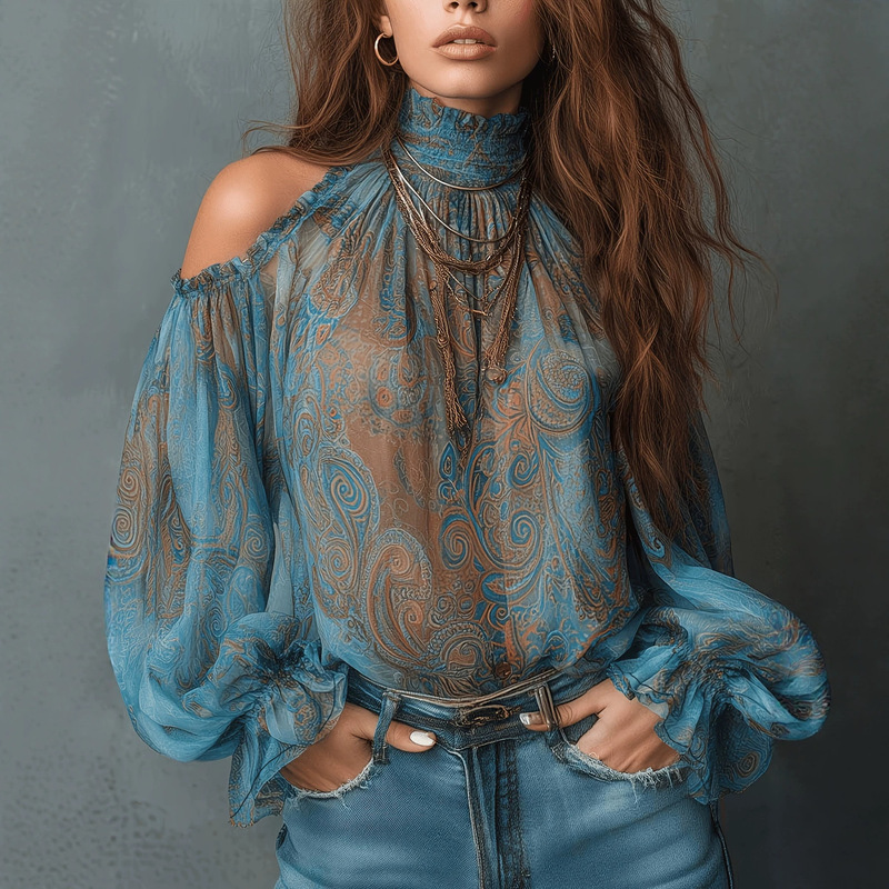 European and American Cross-Border Bohemian Style Paisley Print Chiffon Shirt for Women with High Collar, Off-Shoulder, Bell Sleeves, Thin Top