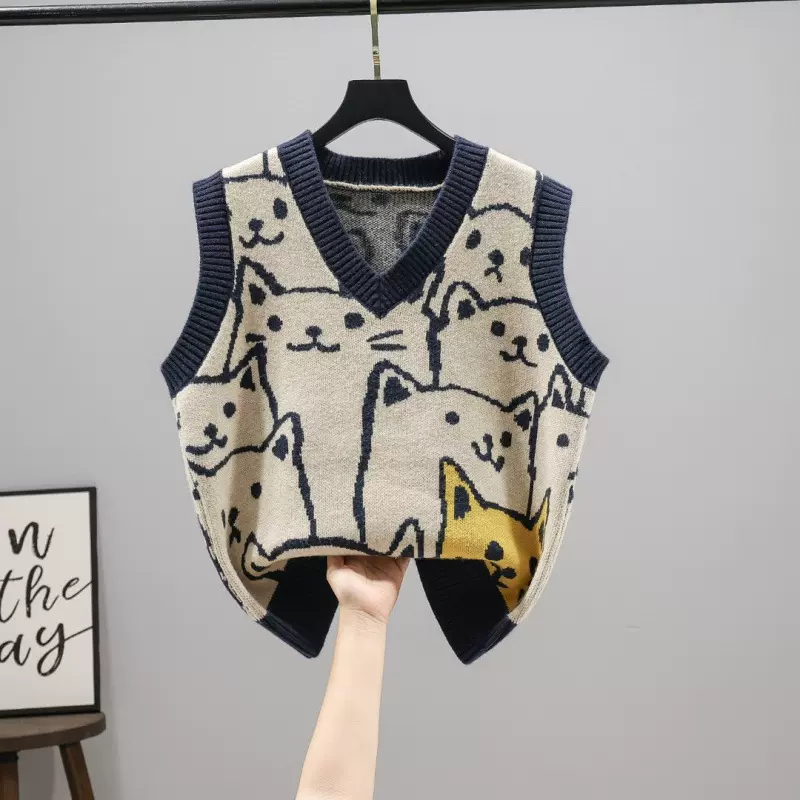 早秋季新款卡通小猫复古针织马甲外套女宽松百搭毛衣坎肩女上衣潮