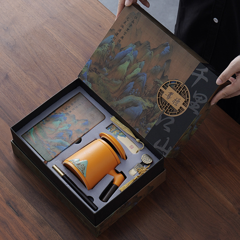 会社のビジネスセットの贈り物千里江山のノートパソコンの陶磁器のお茶の杯の贈り物のお土産は取引先にプレゼントします。|undefined