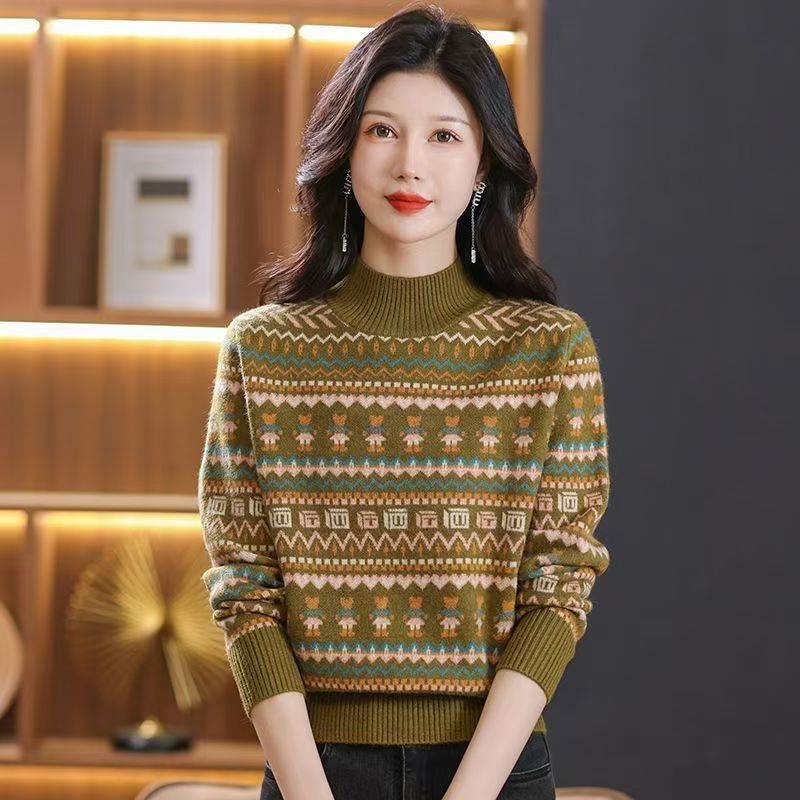 Maglione a collo alto, top caldo da donna autunno inverno, largo e corto, fondo lavorato a maglia, strato interno jacquard alla moda_voghion.com