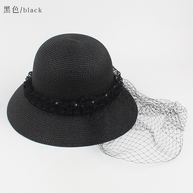 Fashion Pearl Net Yarn Sunshade Straw Fisherman Hat display picture 7