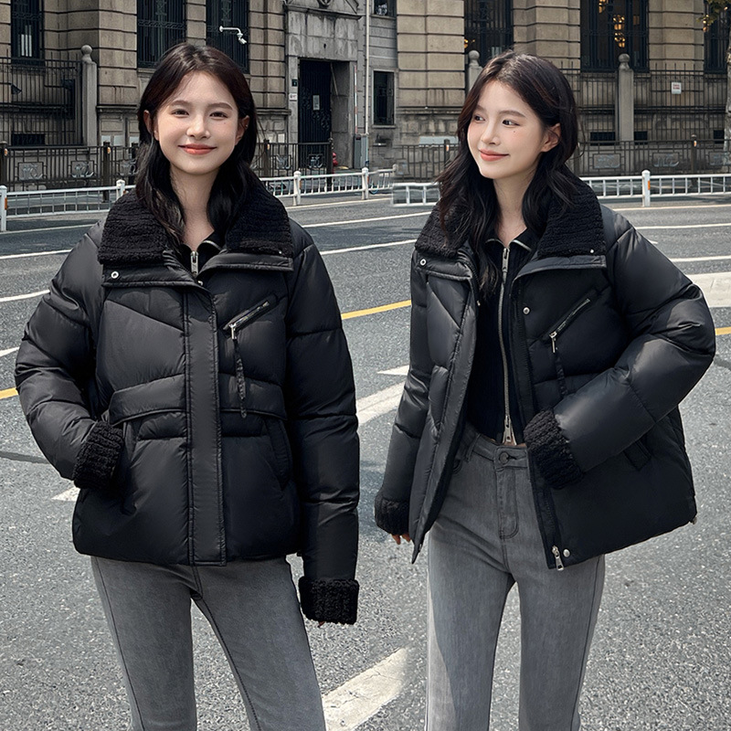 Cordero gran solapa extranjera ropa de algodón plumón ropa de invierno de mujer nueva chaqueta de algodón corta suelta de tamaño grande grueso abrigo