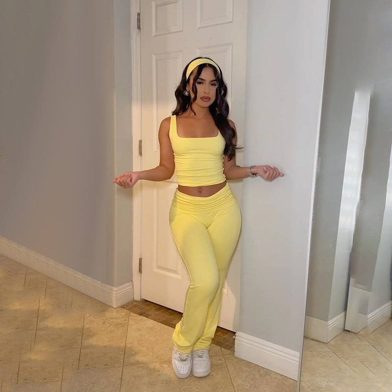 유목 조끼 주름 세트 유럽과 미국 여성 의류 2024 가을 새로운 레저 스포츠 스타일 단색 바지 투피스 세트