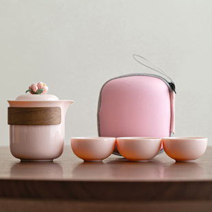Pink Pure Handmade Pinch Flower Women's Small Fresh Tea Set Hand-held Pot Travel Tea Set One Pot Three Cups Portable Express