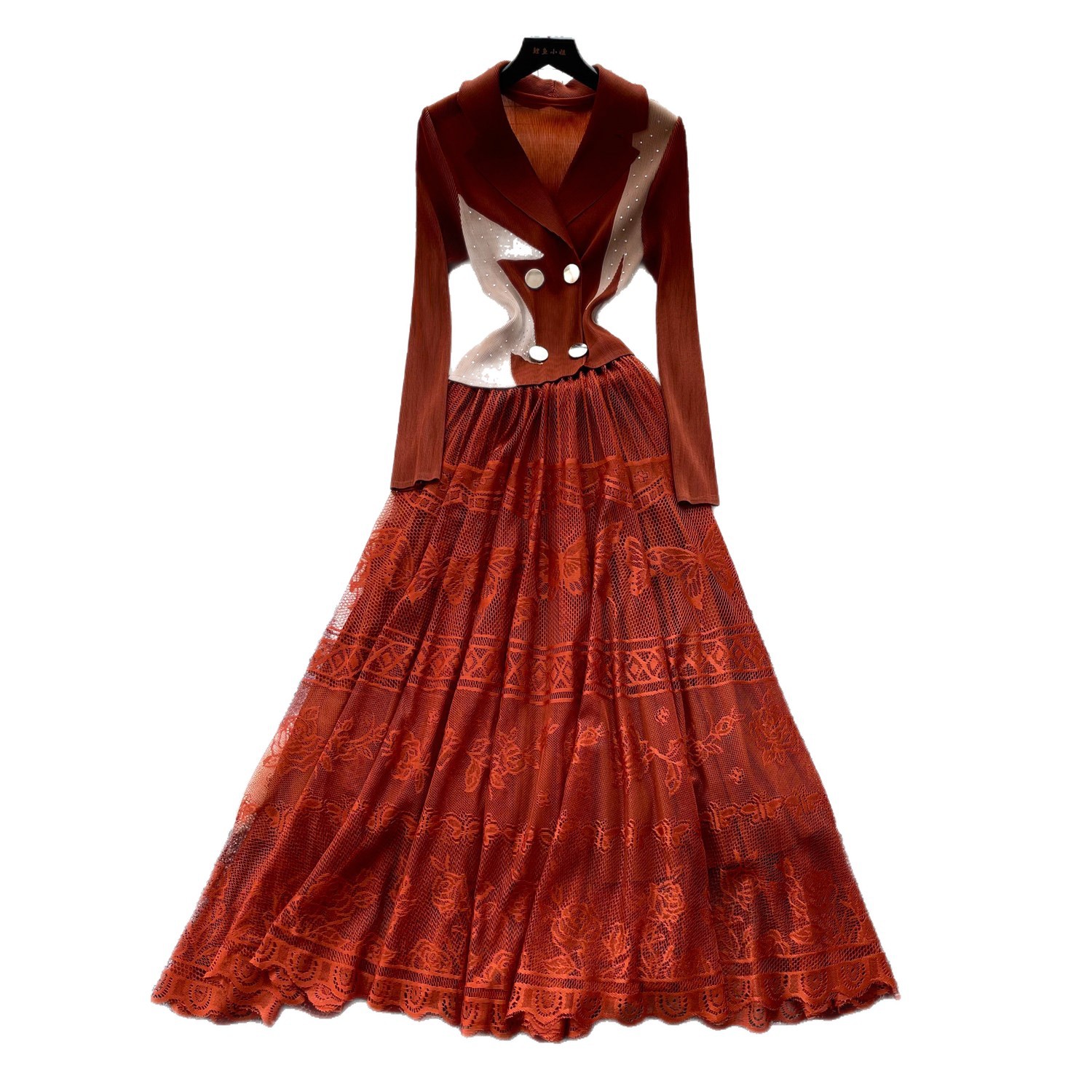 Women's French Romantic Style Lace Dress Suit Collar Slimming Pleated Long Skirt Elegant Commuting Summer Dress_ecoleips.com