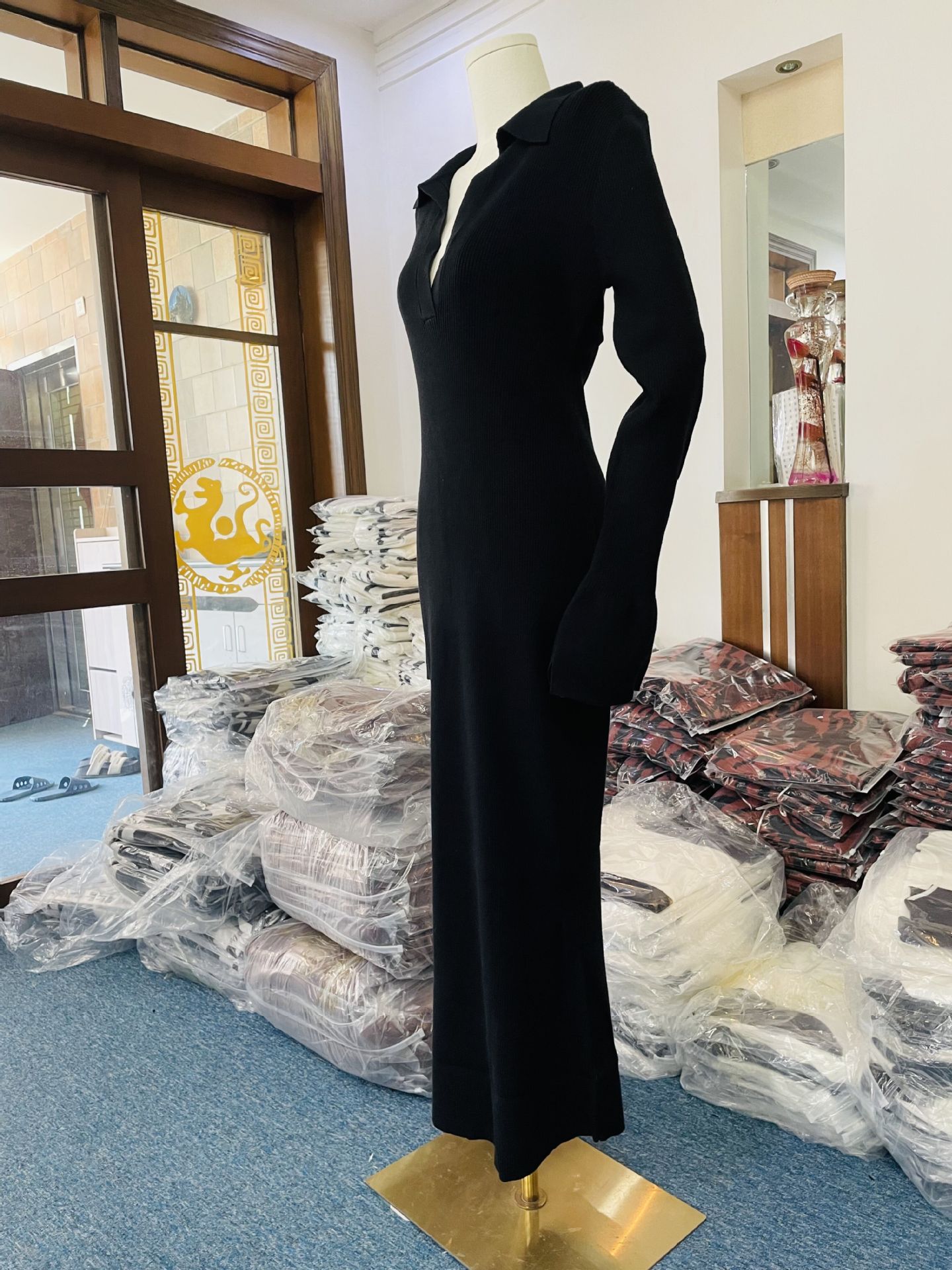 Women Clothing Long Sleeve Dress Women Knitted Deep V Plunge Sweater Maxi Dress