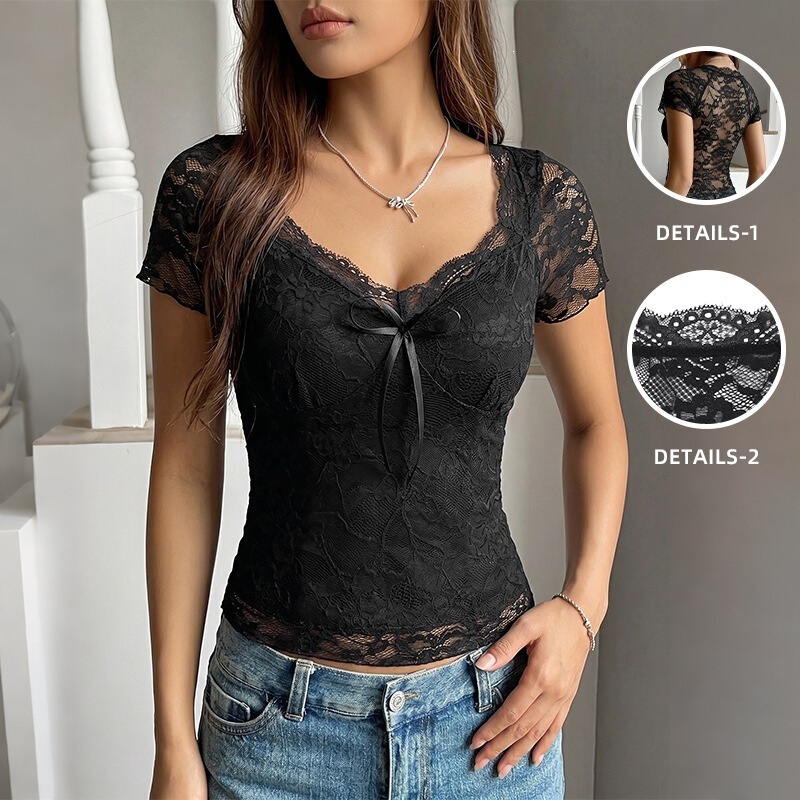 2026 Summer New Pullover T-Shirt with Lace Splicing, Sexy Slim-Fit Top, European and American Foreign Trade Pure Desire Spicy Girl T-Shirt