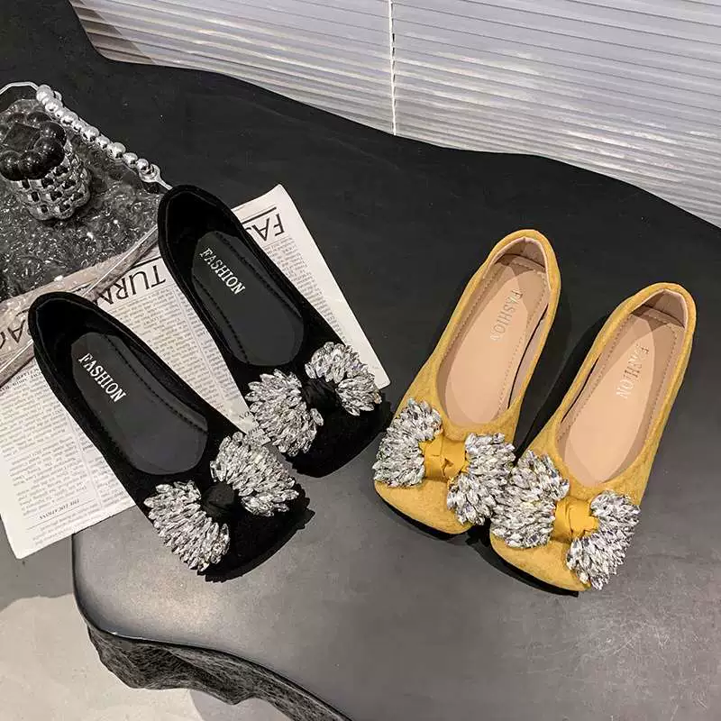 Новые стильные универсальные балетки с французским бантом из страз, квадратным носком и неглубоким вырезом, 2025 год.