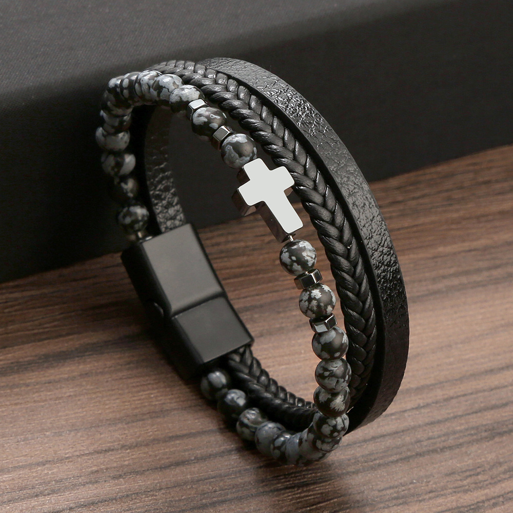 Casual Retro Cross Alloy Natural Stone Haematite Beaded Plating Men's Bracelets display picture 6