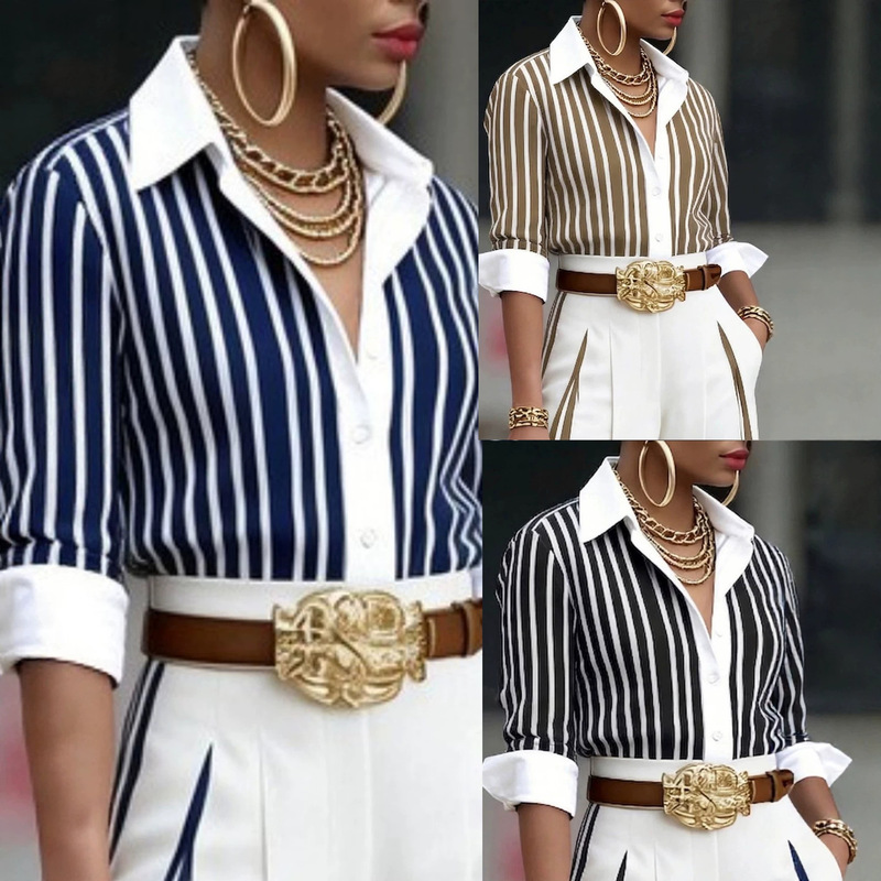 Cross-Border European and American Style Striped Shirt for Women with Contrasting Color Lapels, Long Sleeves, Slim Fit, Elegant, Suitable for Commuting and Office Wear