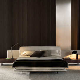 意式轻奢创意白色地平线床头柜组合双人床现代简约家用别墅主卧大