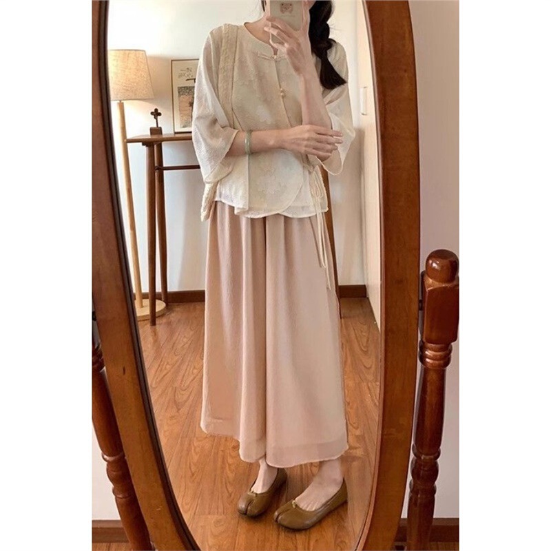 Chinese-Style Zen Sweet 2025 Spring New Button-Up Shirt and Wide-Leg Pants Two-Piece Set