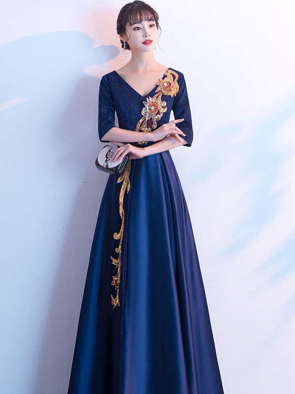 Long Dress for Women, Poetry Recitation Performance Dress, Competition Performance Outfit, Host Conductor Choir Costume, Deep V-Neck Long Dress Long Dress for Women, Poetry Recitation Performance Dress, Competition Performance Outfit, Host Conductor Choir Costume, Deep V-Neck Long Dress