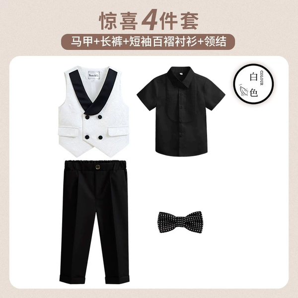 [Black pleated + trousers] 4-piece set (8232 short-sleeved + vest + trousers + Y6Y1 bow tie)