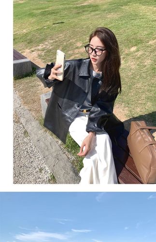 Women's Stylish Collarless Single-Breasted Leather Jacket, Autumn New Loose Fit Universal Fake Leather Biker Jacket Top, Black