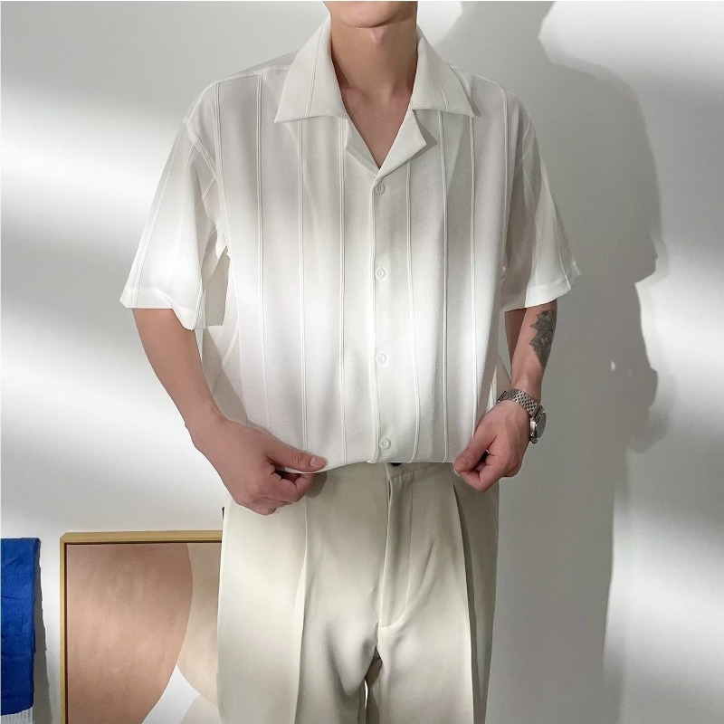 Cuban Collar Shirt Men's Short-sleeved Summer Thin Solid Color High-grade Striped Shirt Fashionable Draped Lazy Style Jacket