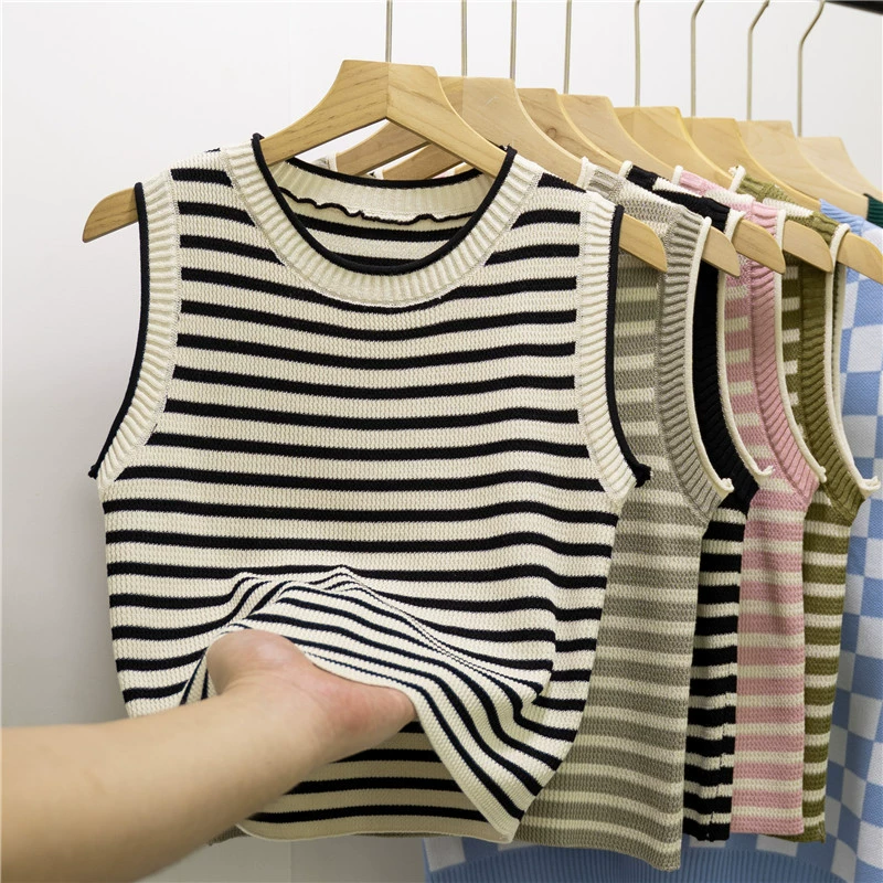 Ледяной шелк вязаный маленький жилет без рукавов женский весенний и осенний в полоску