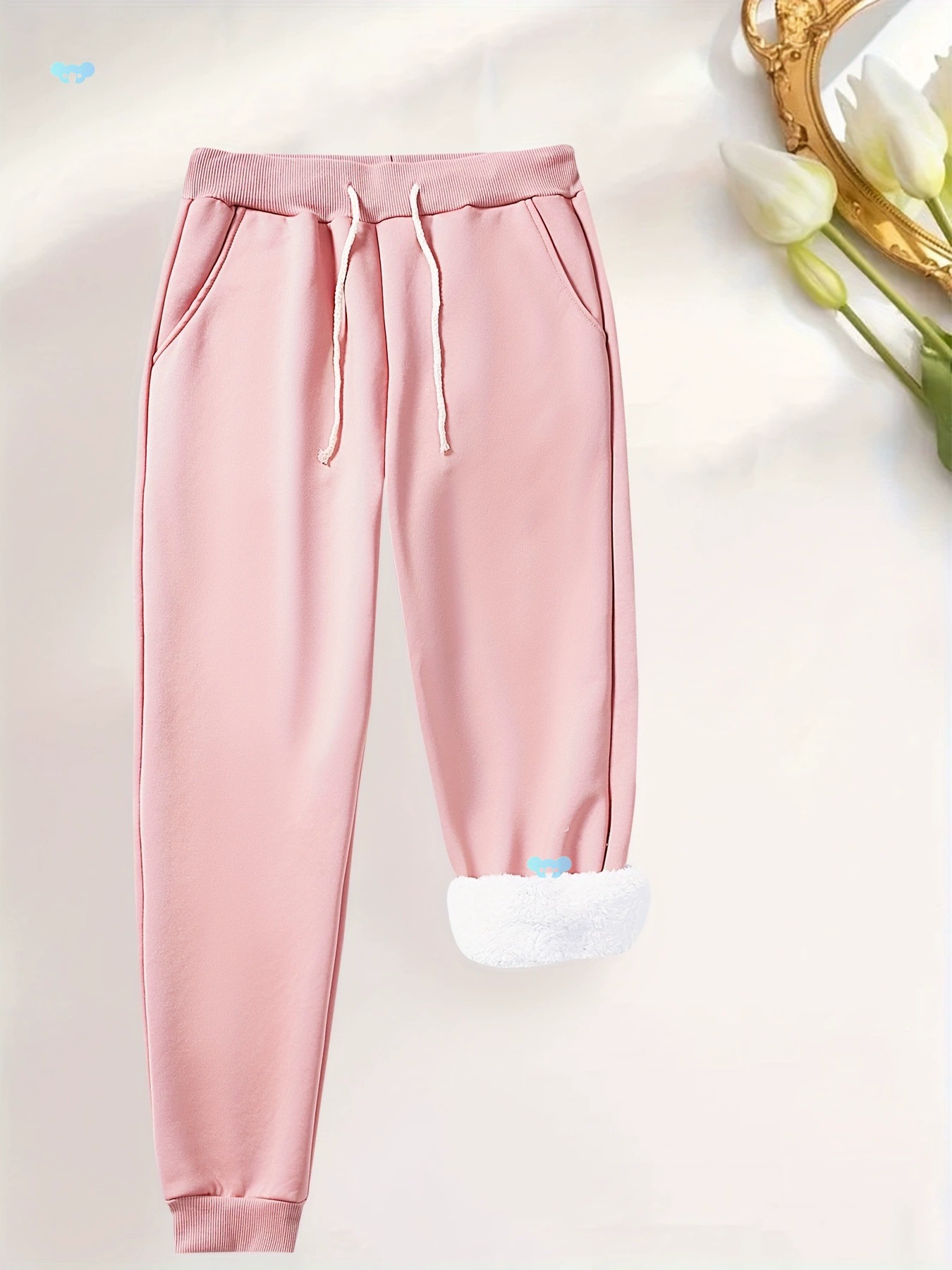 Женские черные флисовые брюки с белой меховой отделкой, плотные зимние