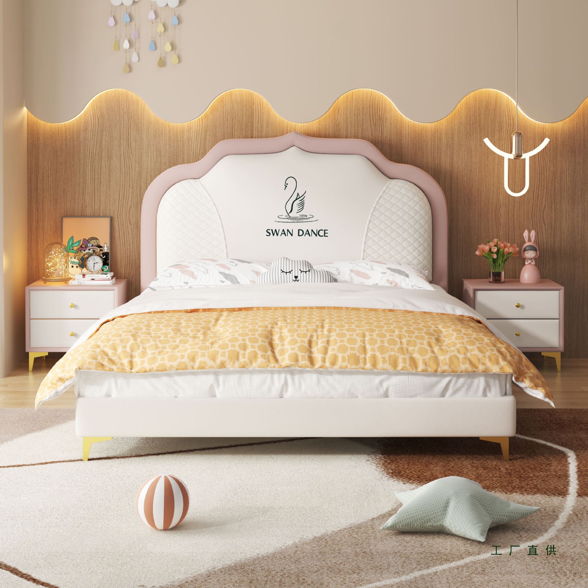 Children's Bed Girl Princess Bed Single Bed Solid Wood Bed Modern Simple Bedroom Storage Bed Swan Pink Leather Bed