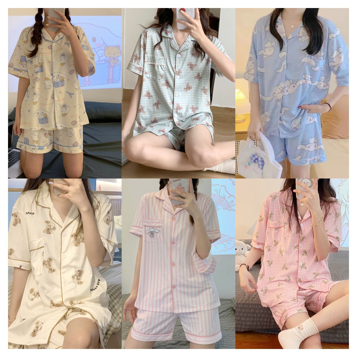 Summer 2025 Short-Sleeved Shorts Imitation Cotton Pajamas for Girls Cute and Sweet Home Clothes Cardigan Suit Can Be Worn Outside