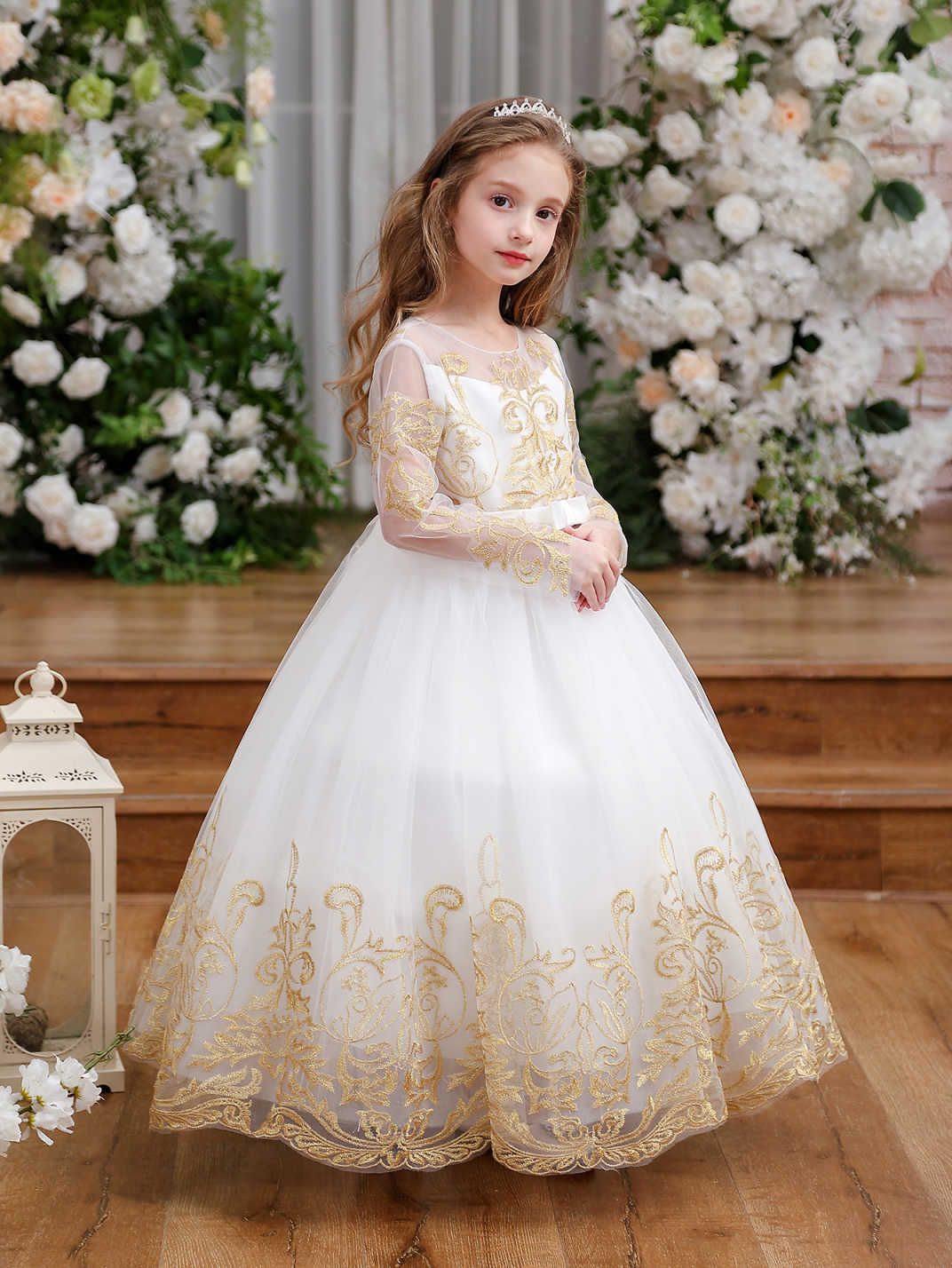 Ropa infantil transfronteriza vestido de bebé princesa de rendimiento de rendimiento de encaje de manga larga vestido de novia de flores