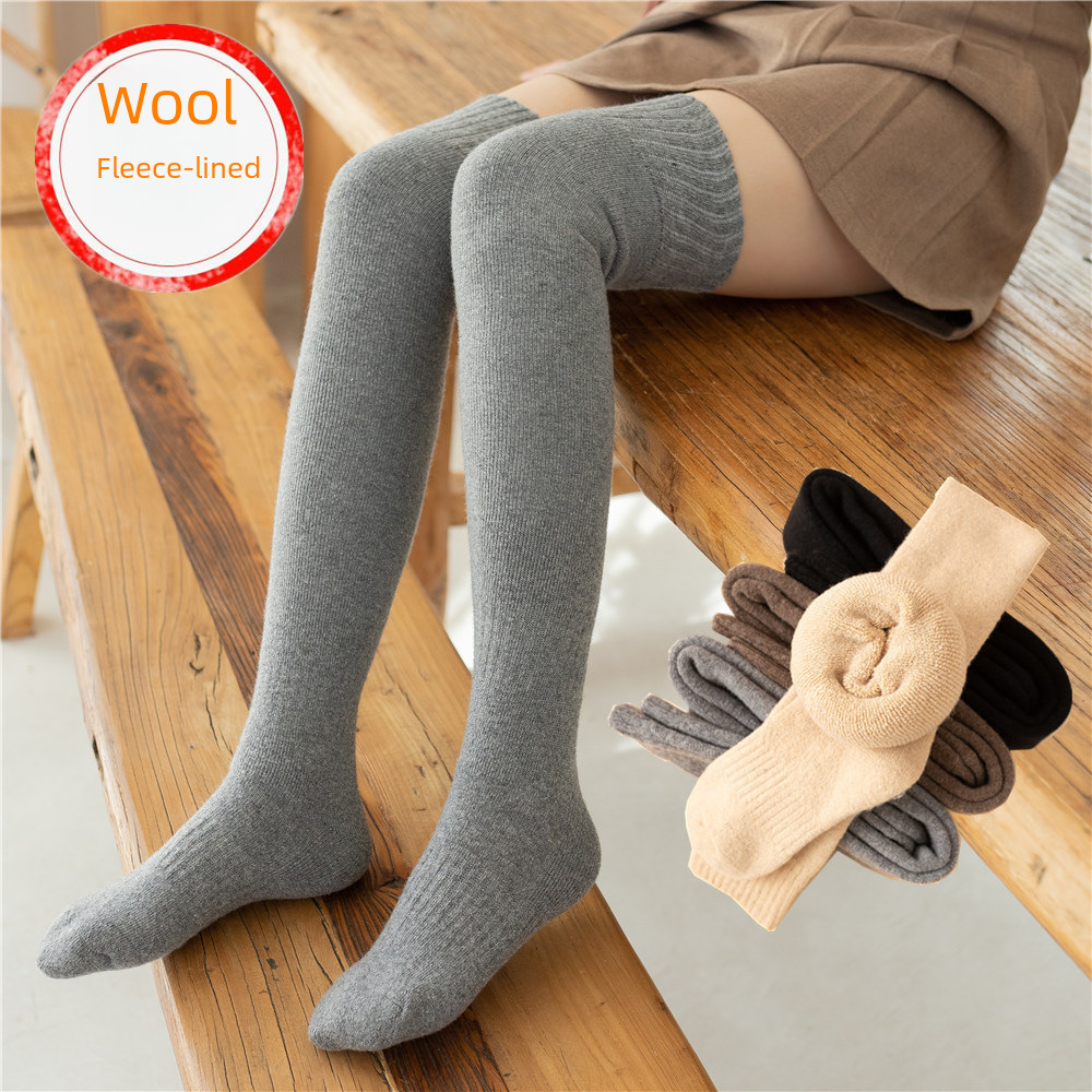 Verdickte, warme Overknee-Socken aus Wolle für Damen, Frottee, einfarbig, Herbst- und Wintersocken aus Samt mit hoher Wollhöhe_voghion.com