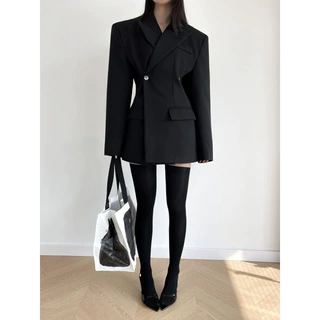 跨境跨境春秋黑色收腰西服女新款气质御姐范中长款西装外套上衣