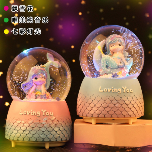 Mermaid Glowing Crystal Ball Music Box Snow Music Box Birthday Gift for Bestie Creative Valentine's Day Gift