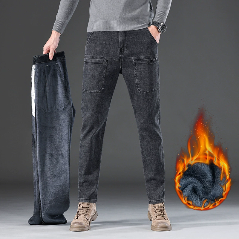 2023 (новые) осенне-зимние джинсы на флисовой подкладке с шестью карманами, мужские свободные прямые брюки, мужские эластичные брюки с несколькими карманами