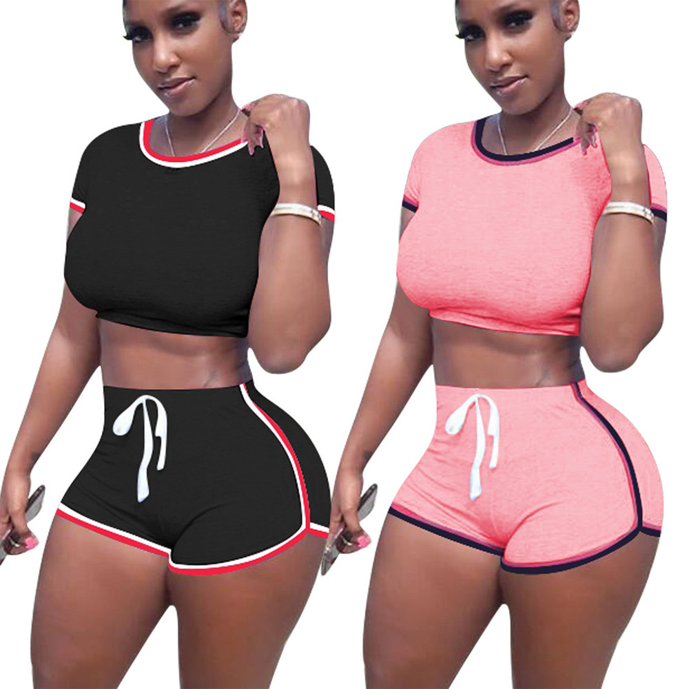2024 Summer New European and American Amazon Women's Short-sleeved Short Top Shorts Casual Sports Two-piece Pants Set
