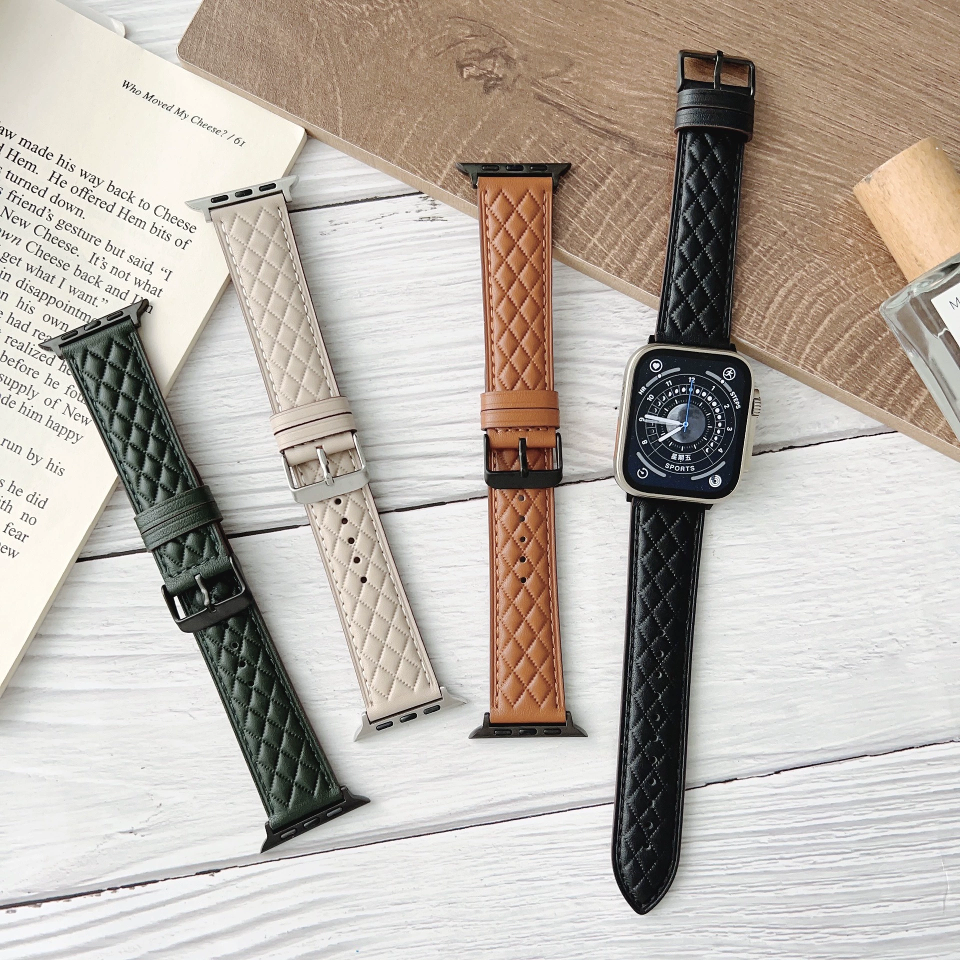 Подходит для Applewatch7 заголовок кожаный ремешок, маленький благовоний ветер ромб Apple watch iwatch1-8 поколение SE