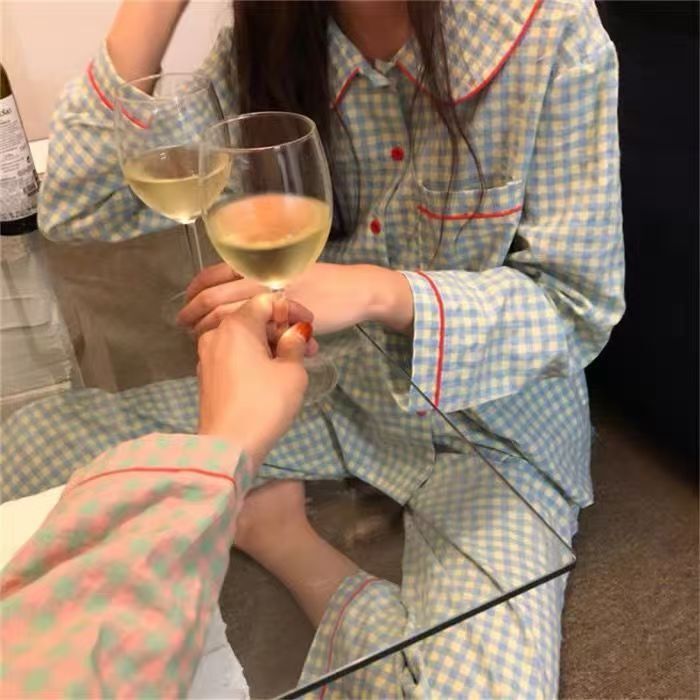 韩版ins格子睡衣女春秋季长袖长裤开衫套装学生休闲可外穿家居服|undefined