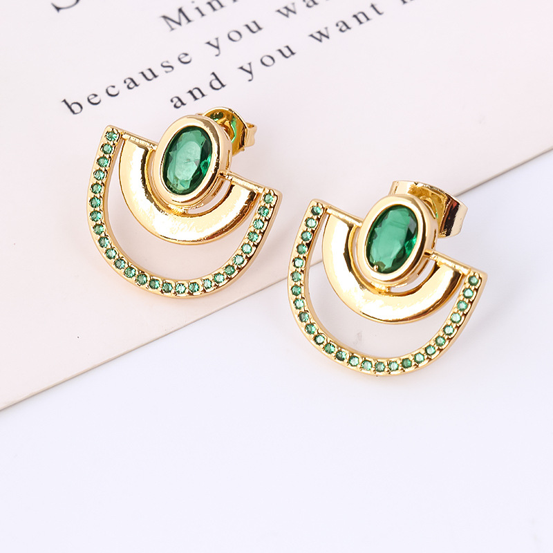 Boucles d'oreilles polyvalentes haut de gamme de niche pour femmes, nouvelles boucles d'oreilles à tige semi-rondes creuses micro-incrustées de zircons, haute rétention de couleur_voghion.com