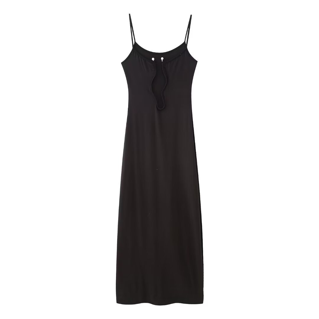 夏季女装新款法式复古名媛风修身包臀镂空设计黑色钢圈吊带连衣裙