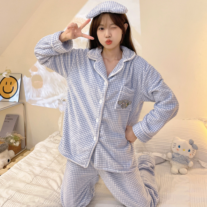 파란 격자 무늬 산호 양털 파자마 귀여운 옥 구이 개 여성의 가을과 겨울 두꺼운 플란넬 홈 옷 리얼 샷 도매