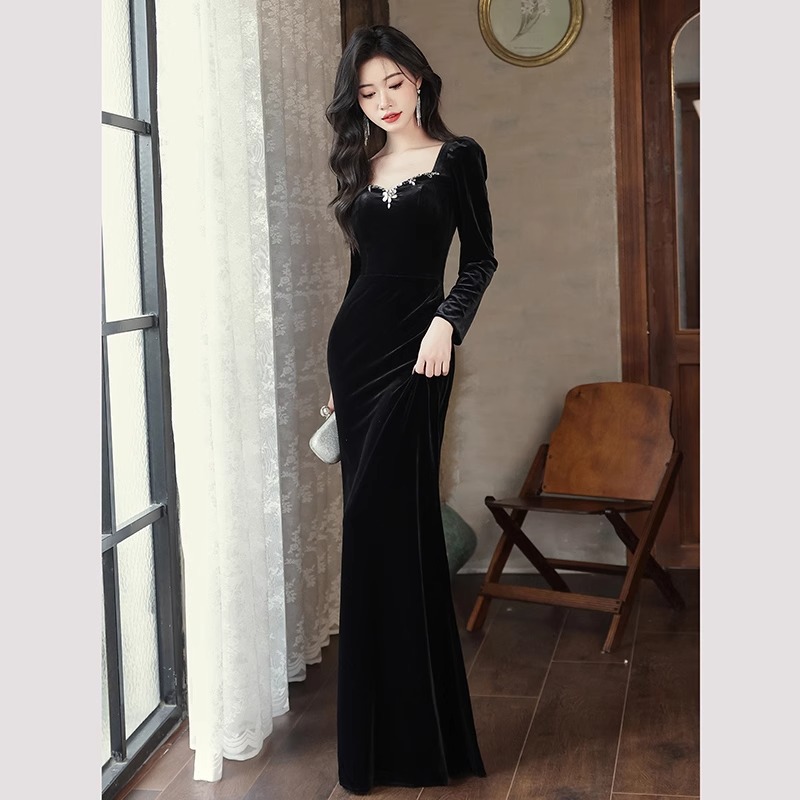 Black Velvet Evening Dress for Women 2026 New Summer High-End Couture Banquet Elegant Socialite Annual Party Mermaid Dress