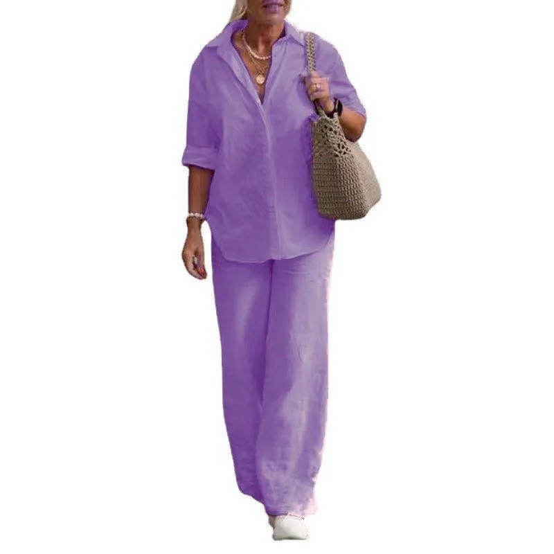 Lässiges Damen-Set aus langer Hose und kurzärmeligem Hemd in lockerer Passform – Frühlingsoutfit in großen Größen für Büro und Freizeit_voghion.com