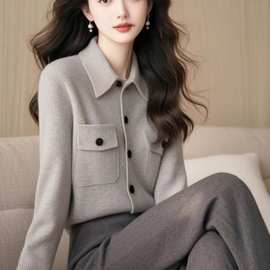 韩系双口袋翻领灰色毛衣开衫女春秋轻熟风针织衫气质外套上衣
